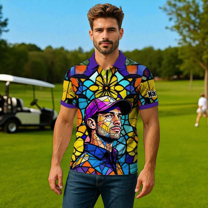 Custom Face Golf Polo Shirt – Personalized Stained Glass Art Shirt, Unique Golf Gift for Him, Colorful Abstract Golf Polo, Custom Sportswear