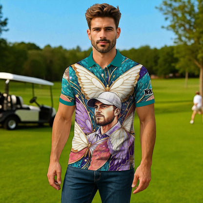 Custom Face Butterfly Golf Polo Shirt – Personalized Spring Mirage Art Style – Unique Gift for Him, Nature Inspired Men's Shirt Style 4