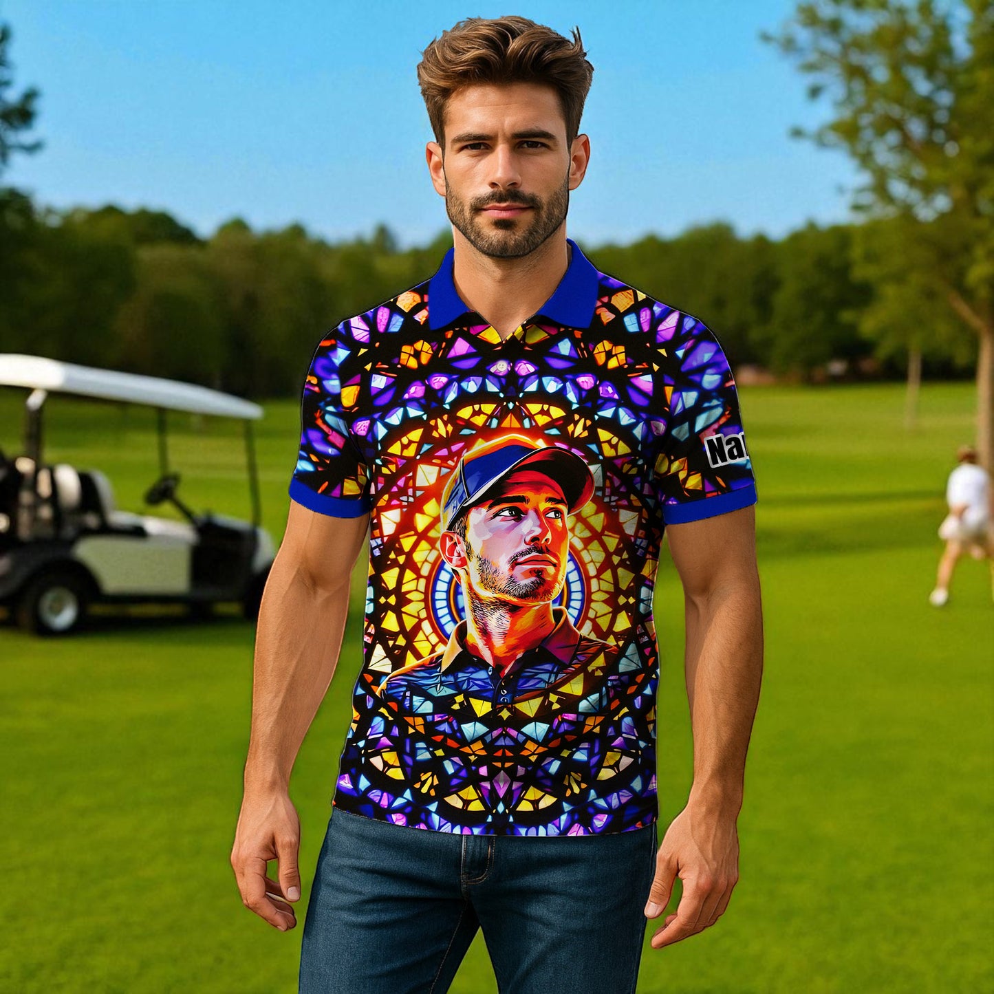 Custom Face Golf Polo Shirt – Personalized Stained Glass Mandala Style Polo, Unique Gift for Men & Women, Vibrant Artistic Golf Shirt, Custom Photo Polo