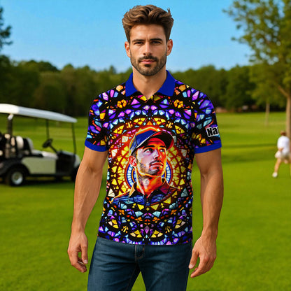 Custom Face Golf Polo Shirt – Personalized Stained Glass Mandala Style Polo, Unique Gift for Men & Women, Vibrant Artistic Golf Shirt, Custom Photo Polo