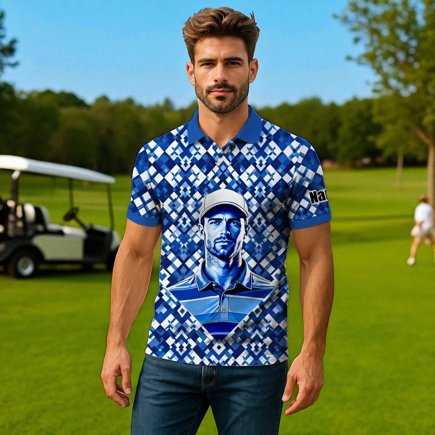 Custom Face Polo Shirt – Geometric Diamond Pattern | Personalized Photo Golf Polo | Unique Gift for Him, Retro Geometric Style Shirt Style 4