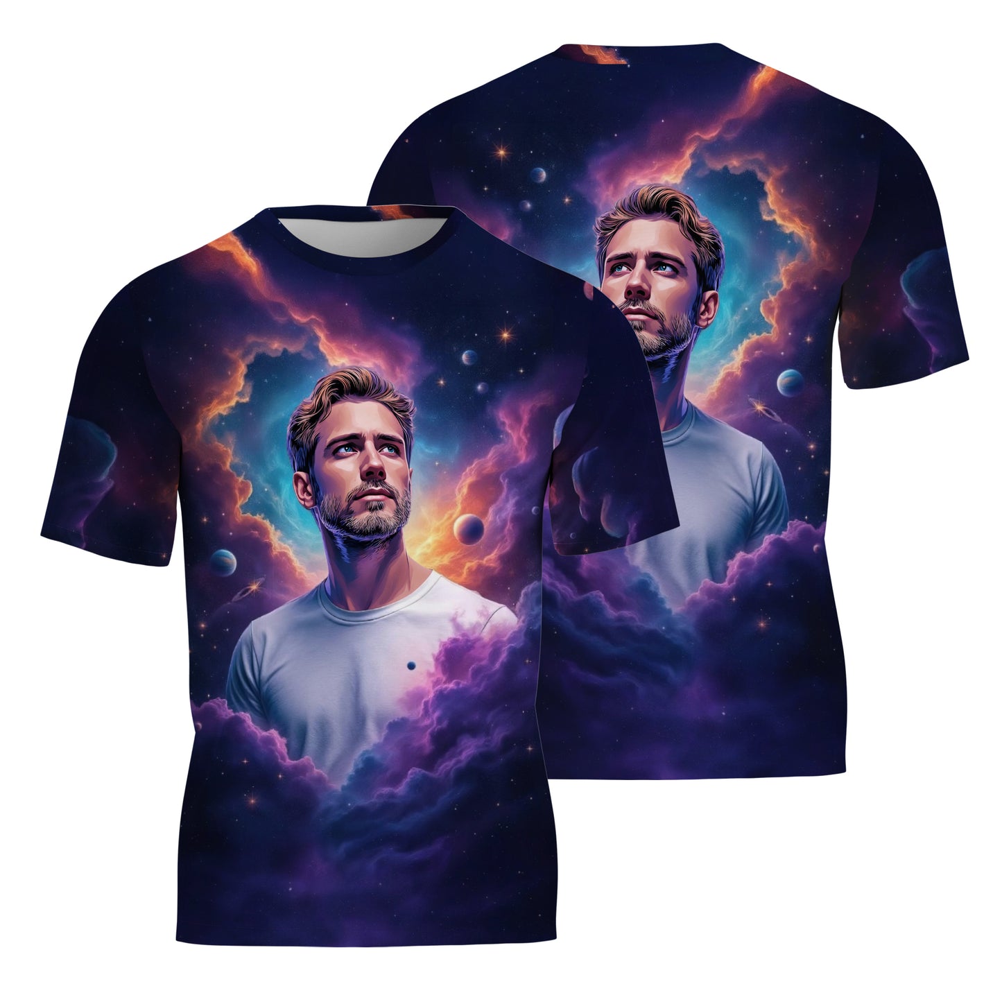 Custom Face Surreal Cosmic Art T-Shirt – Personalized Galaxy Universe Tee with Trippy Sci-Fi Design for Unique Gifts & Style