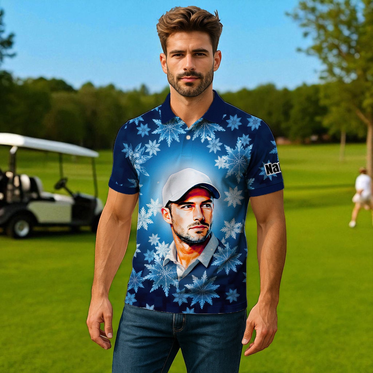 Custom Face Golf Polo Shirt – Personalized Christmas Golf Shirt for Him, Unique Holiday Gift for Golfer, Snowflake Design Golf Apparel Style 9