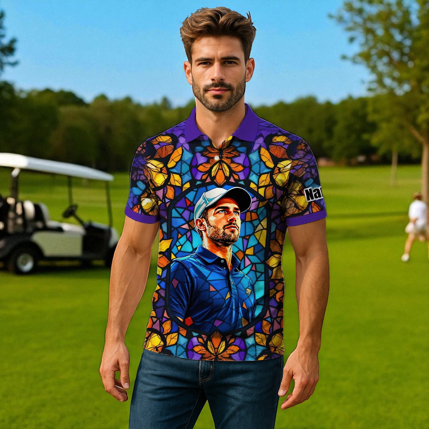 Custom Face Golf Polo Shirt – Personalized Stained Glass Art Shirt, Unique Golf Gift for Him, Colorful Abstract Golf Polo, Custom Sportswear