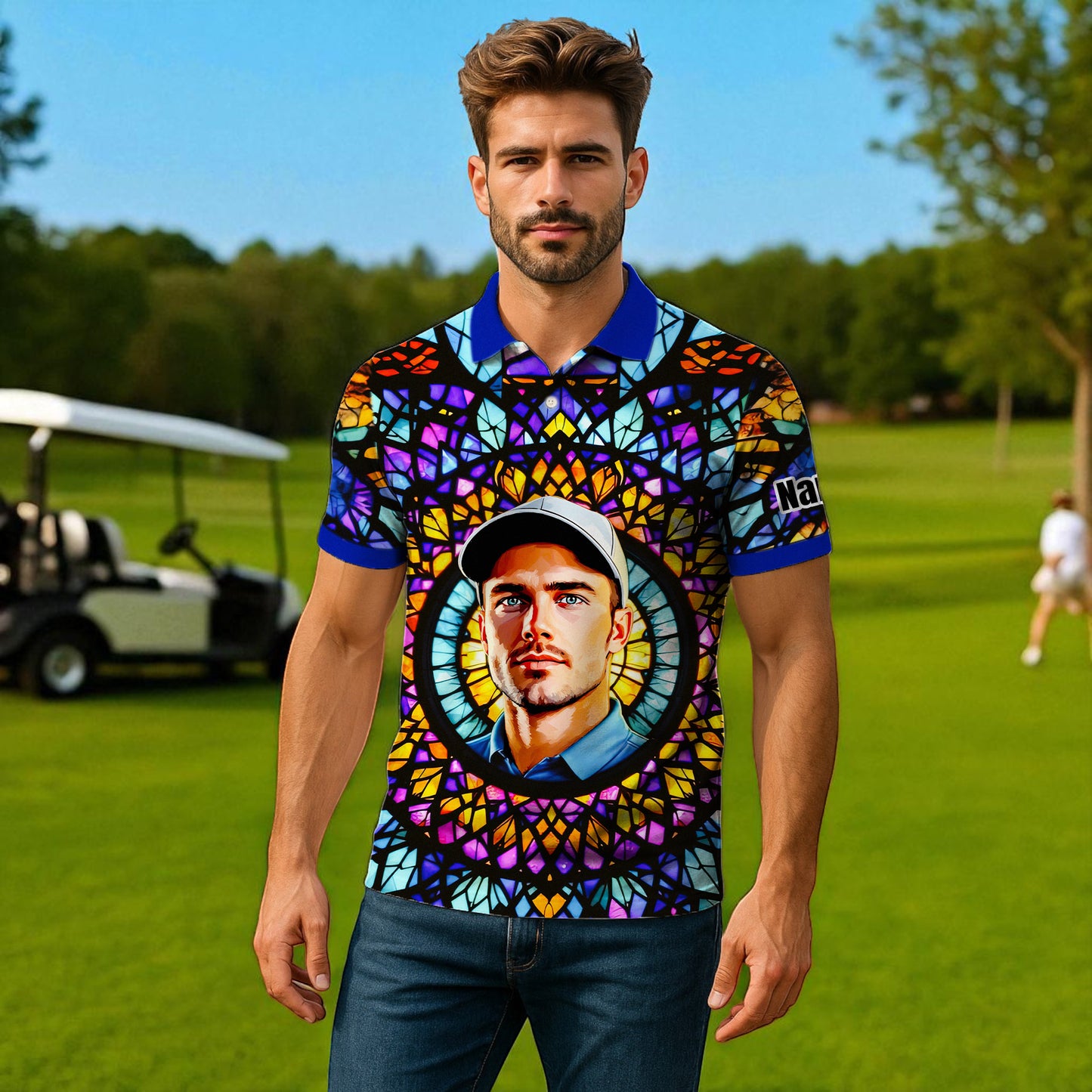 Custom Face Golf Polo Shirt – Personalized Stained Glass Mandala Style Polo, Unique Gift for Men & Women, Vibrant Artistic Golf Shirt, Custom Photo Polo