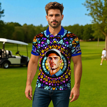 Custom Face Golf Polo Shirt – Personalized Stained Glass Mandala Style Polo, Unique Gift for Men & Women, Vibrant Artistic Golf Shirt, Custom Photo Polo