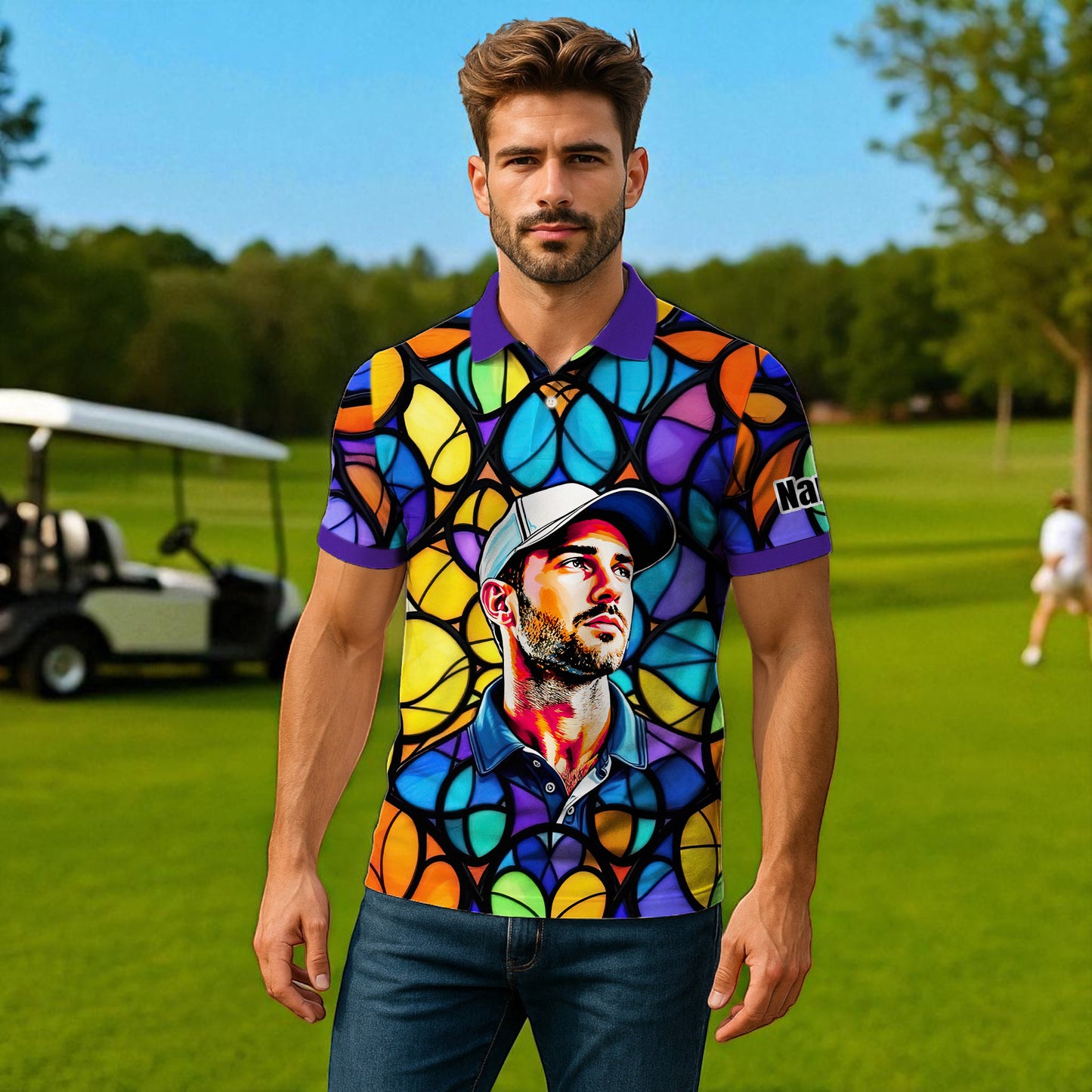 Custom Face Golf Polo Shirt – Personalized Stained Glass Art Shirt, Unique Golf Gift for Him, Colorful Abstract Golf Polo, Custom Sportswear