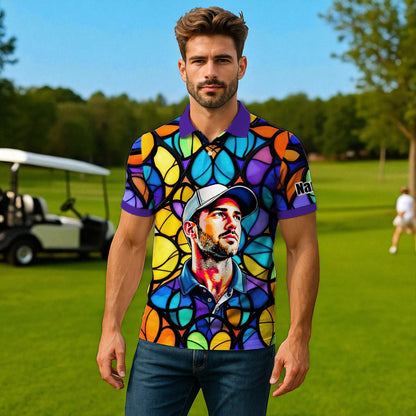Custom Face Golf Polo Shirt – Personalized Stained Glass Art Shirt, Unique Golf Gift for Him, Colorful Abstract Golf Polo, Custom Sportswear