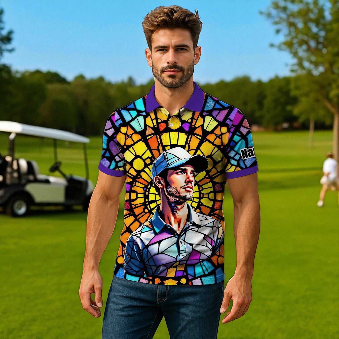 Custom Face Golf Polo Shirt – Personalized Stained Glass Art Shirt, Unique Golf Gift for Him, Colorful Abstract Golf Polo, Custom Sportswear