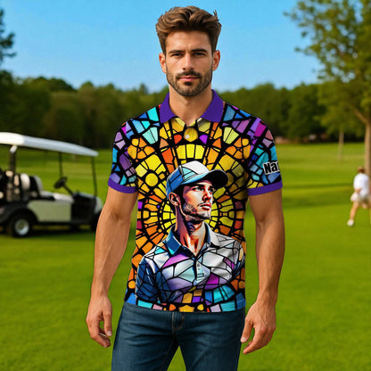 Custom Face Golf Polo Shirt – Personalized Stained Glass Art Shirt, Unique Golf Gift for Him, Colorful Abstract Golf Polo, Custom Sportswear