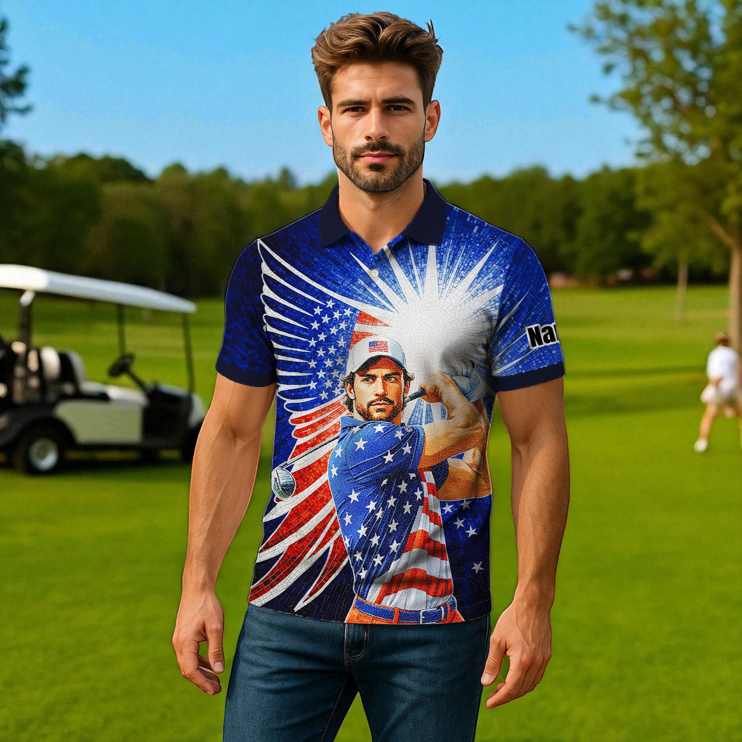 Custom Face Patriotic Golf Polo Shirt – Personalized USA Flag Design – American Pride Gift for Him – Mosaic Art Golf Shirt Style 3