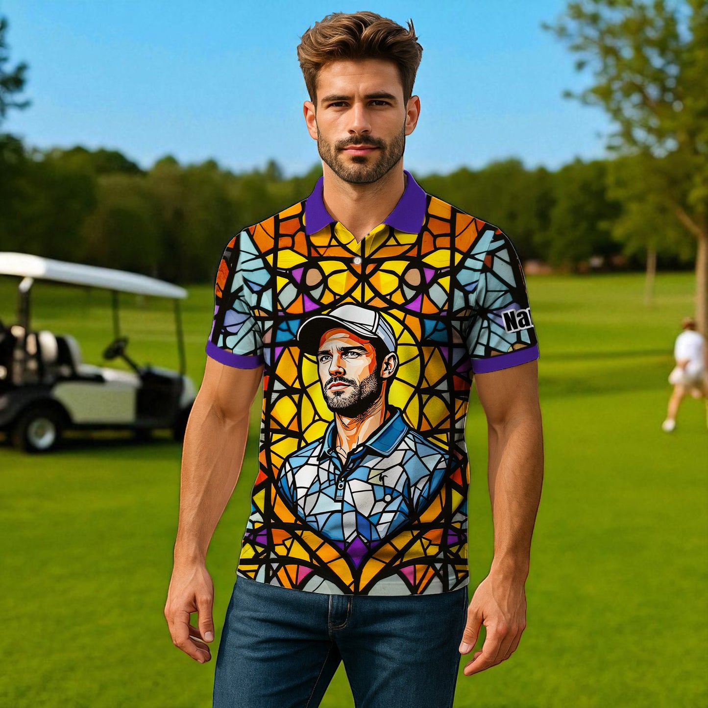 Custom Face Golf Polo Shirt – Personalized Stained Glass Art Shirt, Unique Golf Gift for Him, Colorful Abstract Golf Polo, Custom Sportswear