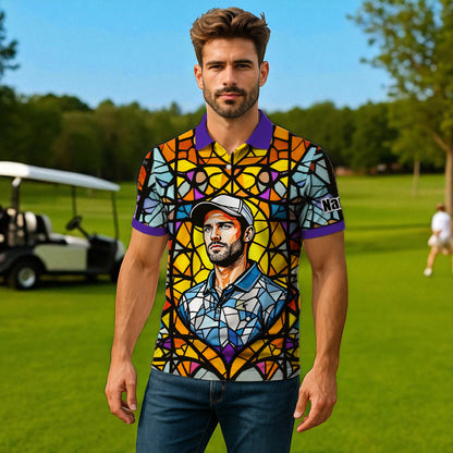 Custom Face Golf Polo Shirt – Personalized Stained Glass Art Shirt, Unique Golf Gift for Him, Colorful Abstract Golf Polo, Custom Sportswear