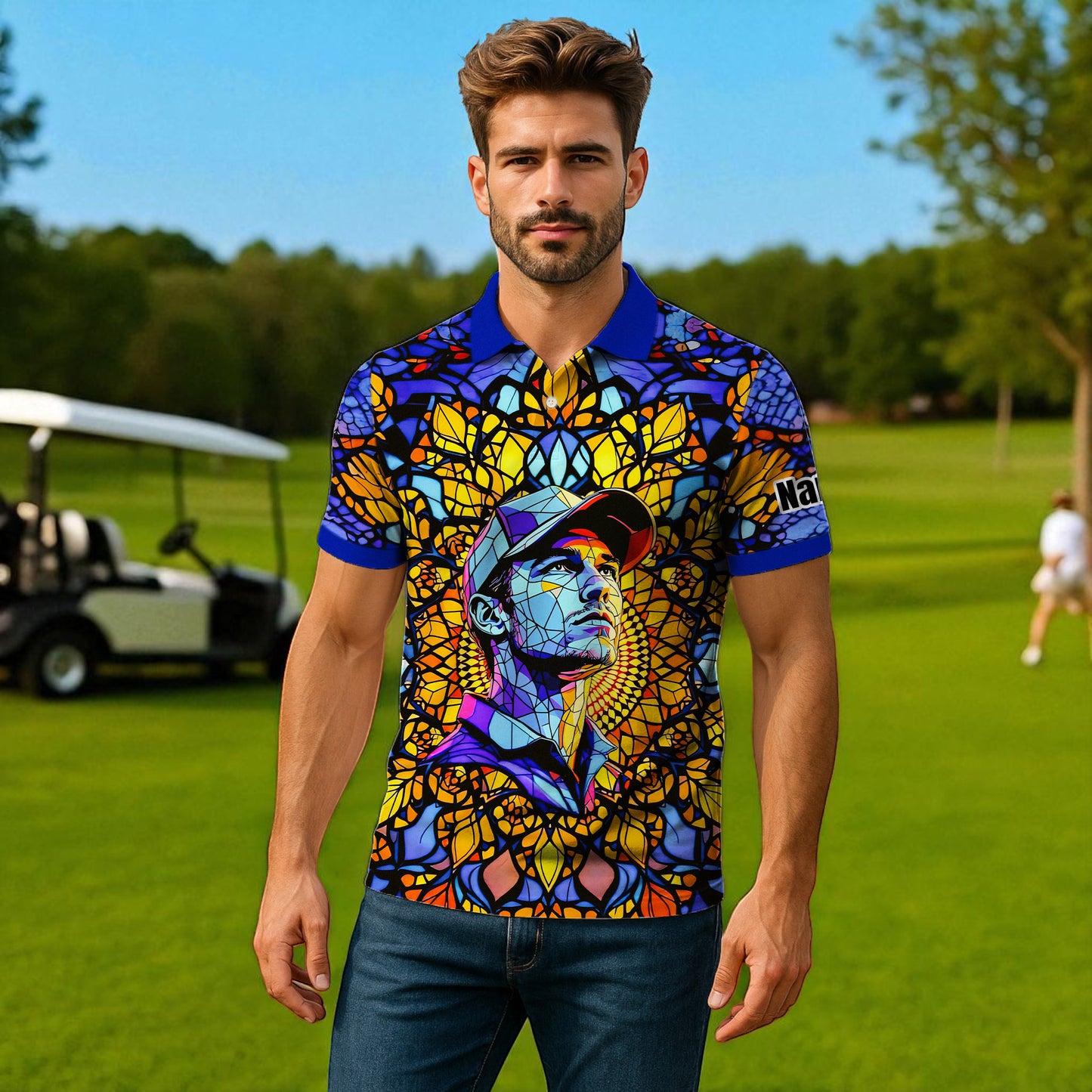 Custom Face Golf Polo Shirt – Personalized Stained Glass Mandala Style Polo, Unique Gift for Men & Women, Vibrant Artistic Golf Shirt, Custom Photo Polo