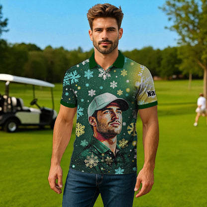 Custom Face Golf Polo Shirt – Personalized Christmas Golf Shirt for Him, Unique Holiday Gift for Golfer, Snowflake Design Golf Apparel Style 18