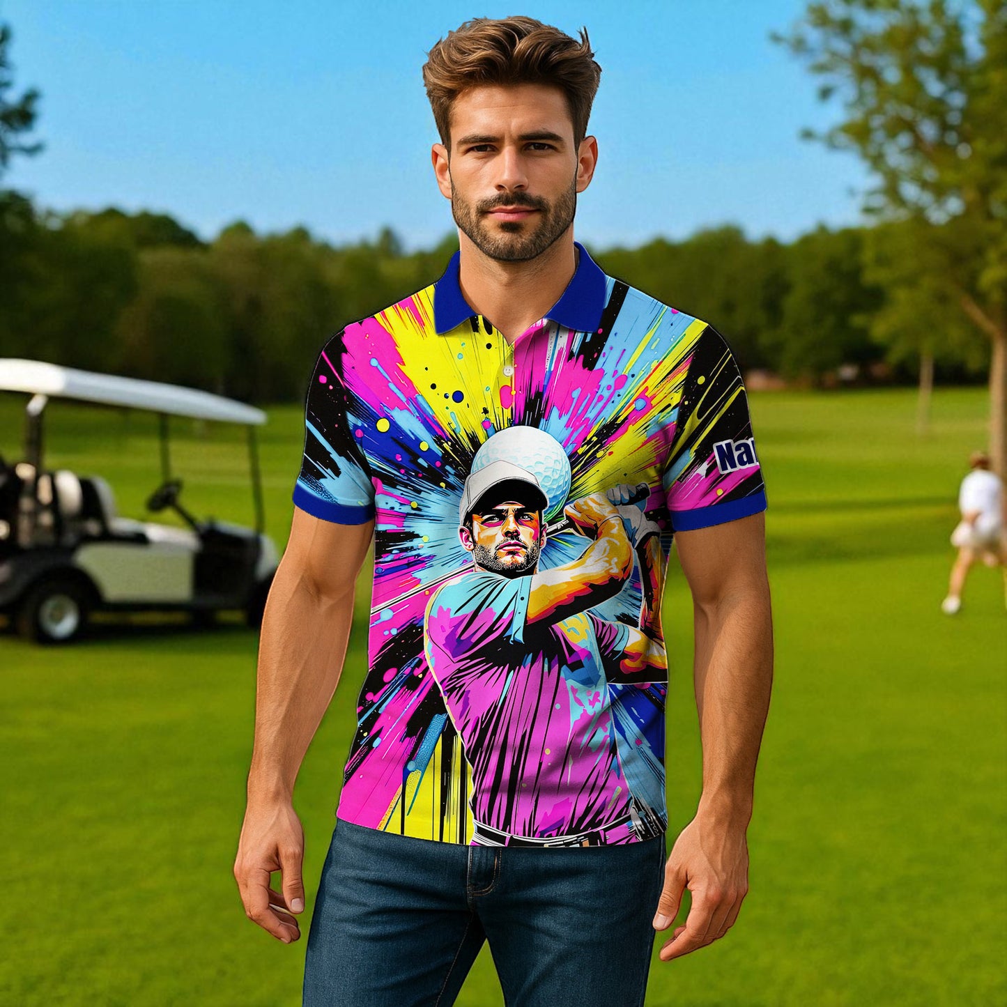 HomyGifts Men's Customized Face Artistic Golf Polo Shirt, Personalized Pop Art Golf Polo, Portrait Gift for Golfers Style 21