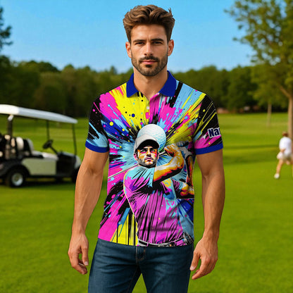 HomyGifts Men's Customized Face Artistic Golf Polo Shirt, Personalized Pop Art Golf Polo, Portrait Gift for Golfers Style 21