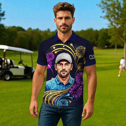 Custom Face Golf Polo Shirt – New Year Fireworks Edition | Personalized Golf Polo | Unique Holiday Gift for Him 2025 Style 6