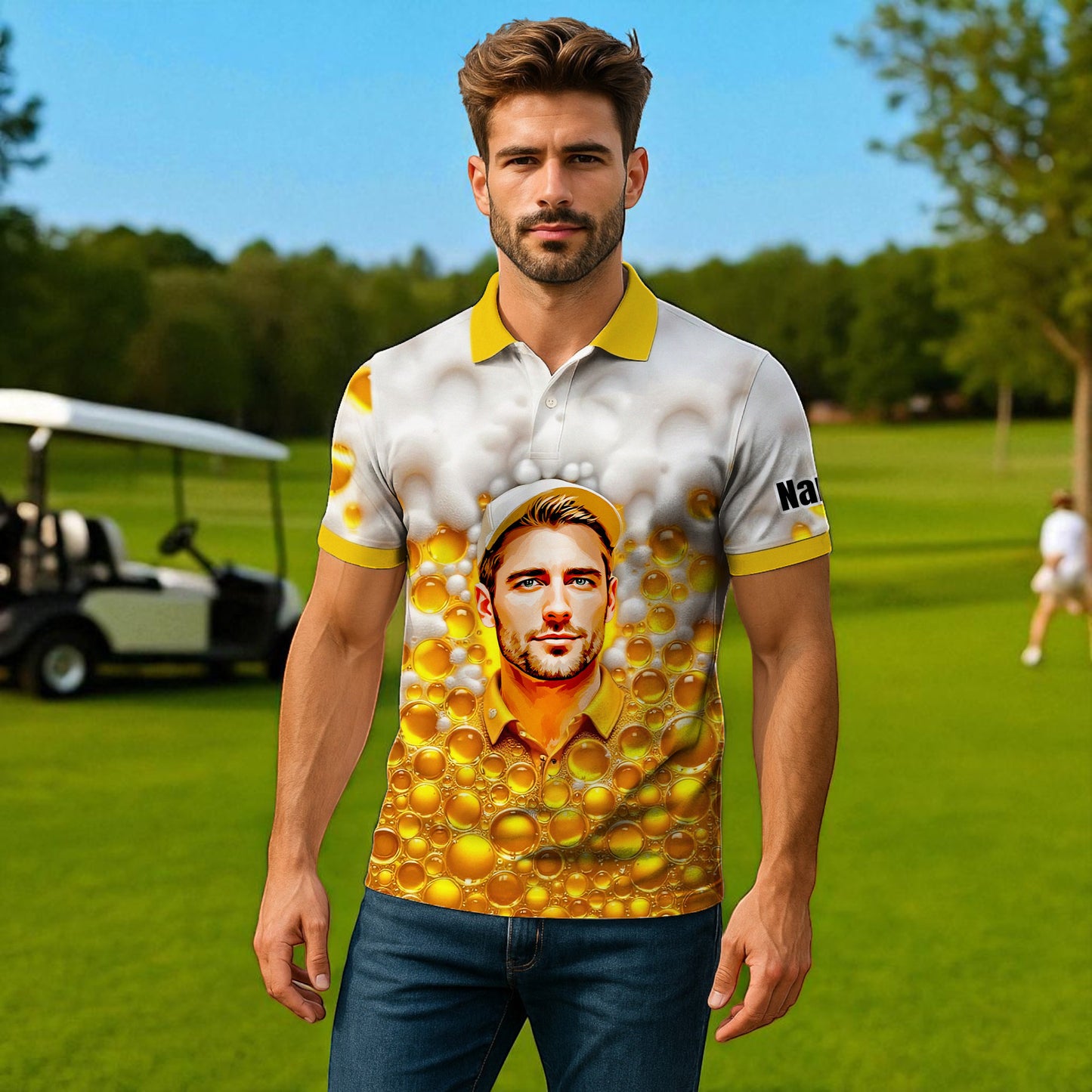 HomyGifts Men's Customized Face Artistic Golf Polo Shirt, Beer pattern Design, Special Gift for Beer & Golf Lovers, Summer Party Outfit, Unique Gift for Men Style 2