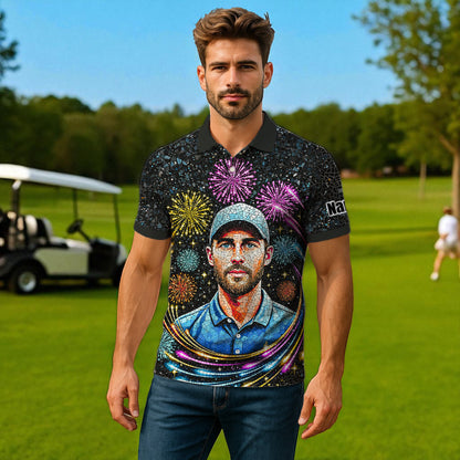 Custom Face Golf Polo Shirt – New Year Fireworks Edition | Personalized Golf Polo | Unique Holiday Gift for Him 2025 Style 9