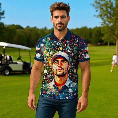 Personalized Christmas Golf Polo Shirt with Your Face – Custom Photo Holiday Shirt – Unique Mosaic Art Xmas Gift for Men, Custom Golf Apparel Style 5