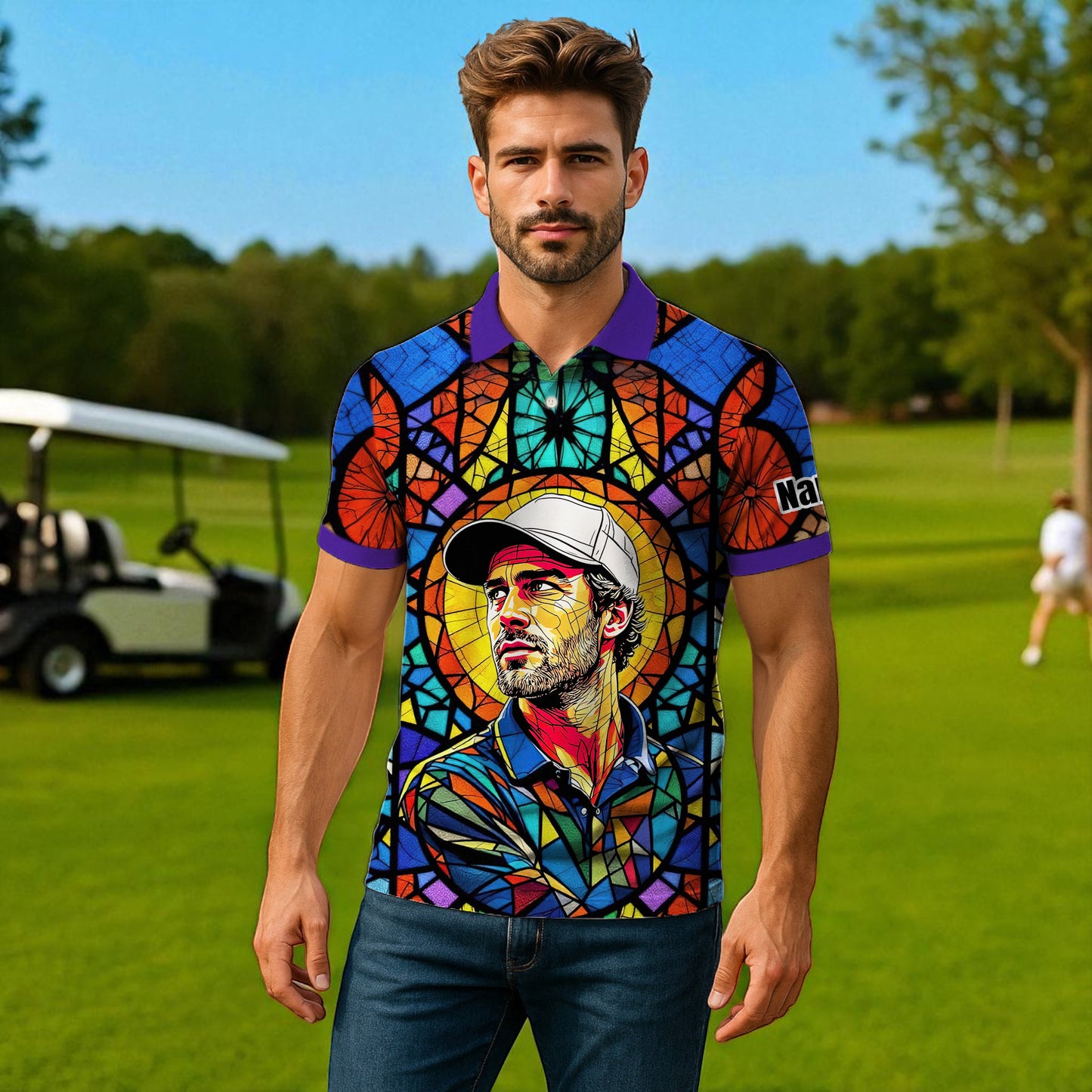 Custom Face Golf Polo Shirt – Personalized Stained Glass Art Shirt, Unique Golf Gift for Him, Colorful Abstract Golf Polo, Custom Sportswear