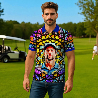Custom Face Golf Polo Shirt – Personalized Stained Glass Mandala Style Polo, Unique Gift for Men & Women, Vibrant Artistic Golf Shirt, Custom Photo Polo