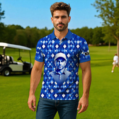 Custom Face Polo Shirt – Geometric Diamond Pattern | Personalized Photo Golf Polo | Unique Gift for Him, Retro Geometric Style Shirt Style 8