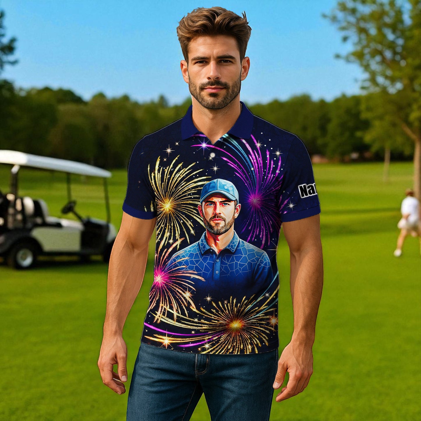Custom Face Golf Polo Shirt – New Year Fireworks Edition | Personalized Golf Polo | Unique Holiday Gift for Him 2025 Style 2