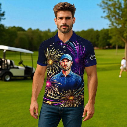 Custom Face Golf Polo Shirt – New Year Fireworks Edition | Personalized Golf Polo | Unique Holiday Gift for Him 2025 Style 2