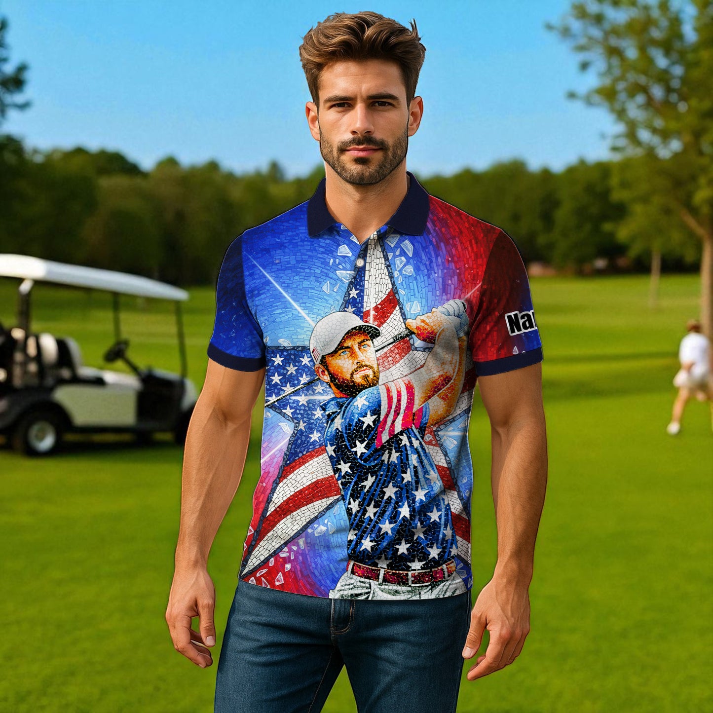 Custom Face Patriotic Golf Polo Shirt – Personalized USA Flag Design – American Pride Gift for Him – Mosaic Art Golf Shirt Style 2