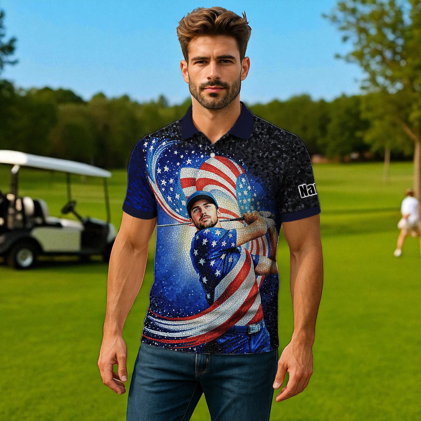 Custom Face Patriotic Golf Polo Shirt – Personalized USA Flag Design – American Pride Gift for Him – Mosaic Art Golf Shirt Style 12