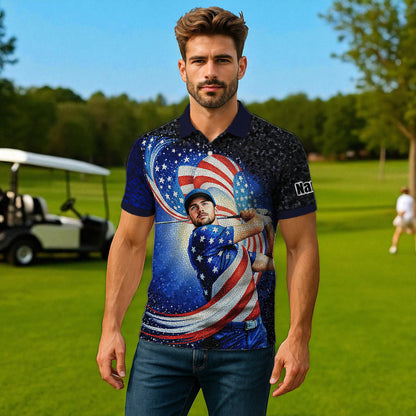Custom Face Patriotic Golf Polo Shirt – Personalized USA Flag Design – American Pride Gift for Him – Mosaic Art Golf Shirt Style 12