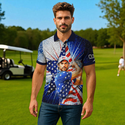 Custom Face Patriotic Golf Polo Shirt – Personalized USA Flag Design – American Pride Gift for Him – Mosaic Art Golf Shirt Style 1