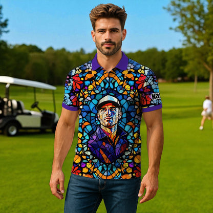 Custom Face Golf Polo Shirt – Personalized Stained Glass Art Shirt, Unique Golf Gift for Him, Colorful Abstract Golf Polo, Custom Sportswear