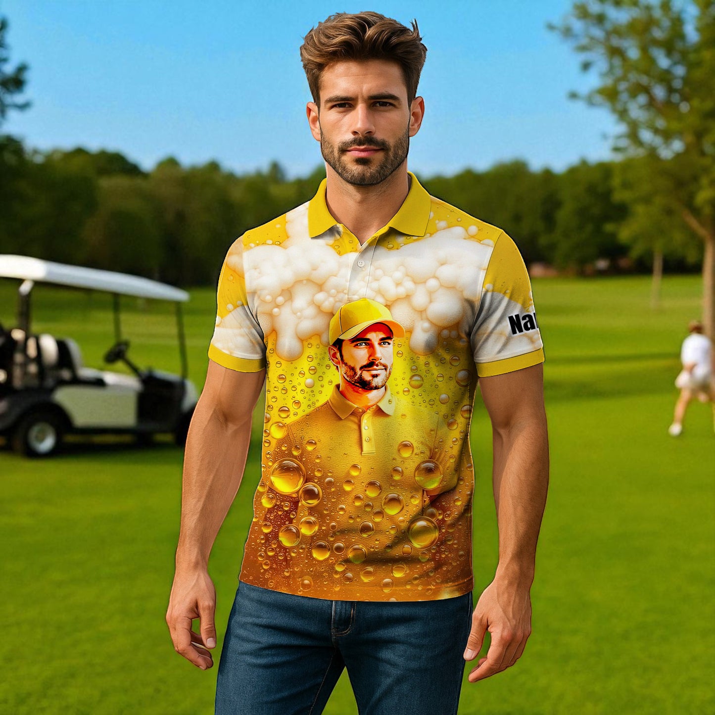 HomyGifts Men's Customized Face Artistic Golf Polo Shirt, Beer pattern Design, Special Gift for Beer & Golf Lovers, Summer Party Outfit, Unique Gift for Men Style 5