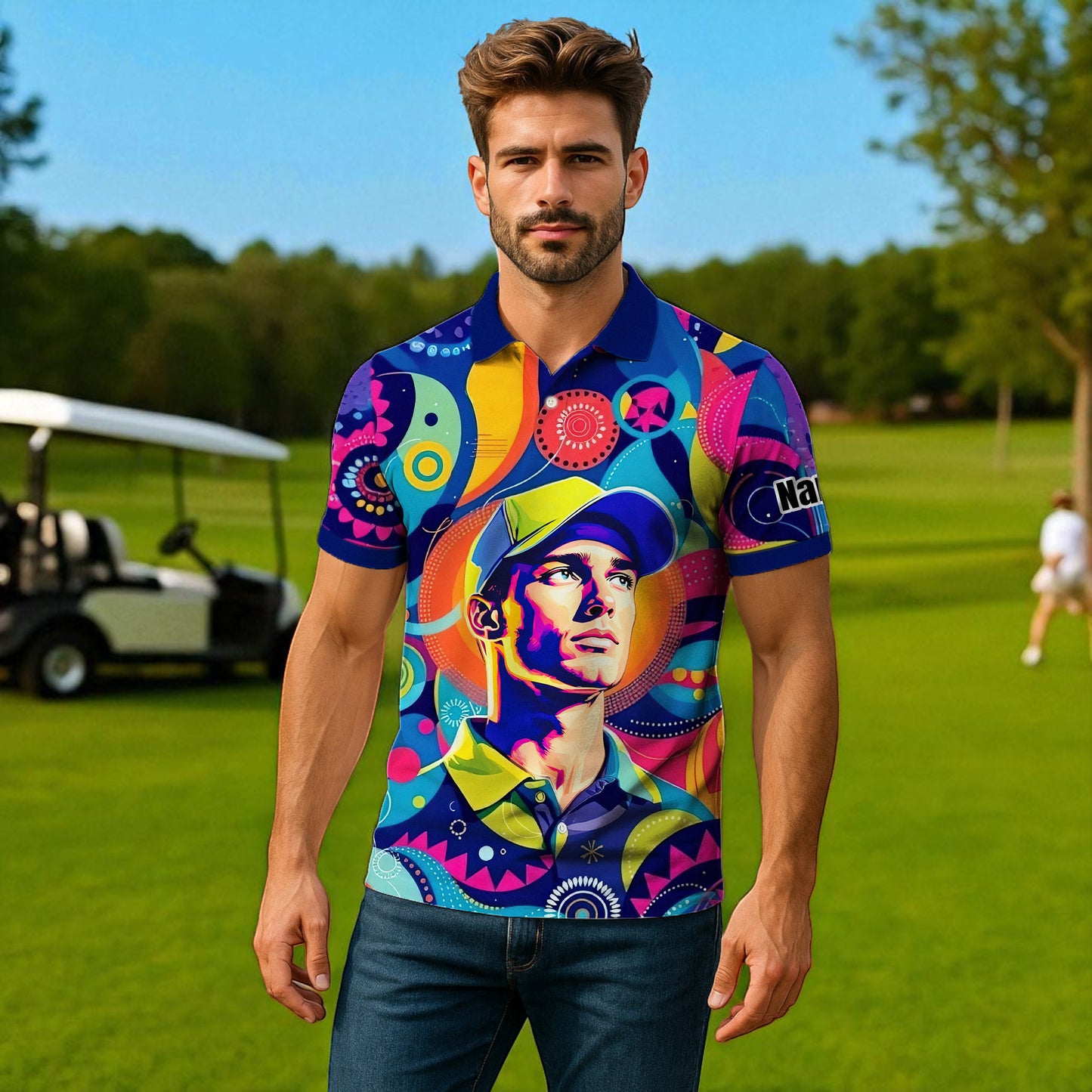 HomyGifts Custom Face Polo Shirt – Personalized Abstract Geometric Art Photo Shirt, Unique Gift for Him & Her