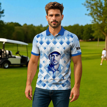 Custom Face Polo Shirt – Geometric Diamond Pattern | Personalized Photo Golf Polo | Unique Gift for Him, Retro Geometric Style Shirt Style 1