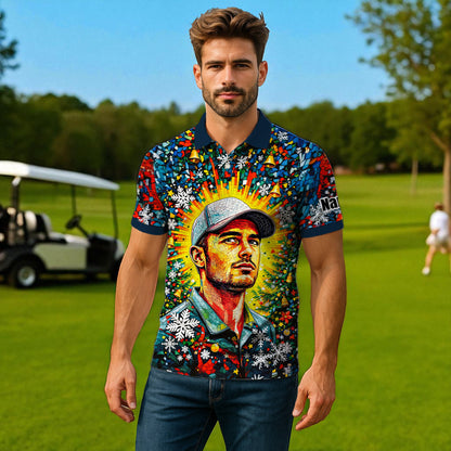 Personalized Christmas Golf Polo Shirt with Your Face – Custom Photo Holiday Shirt – Unique Mosaic Art Xmas Gift for Men, Custom Golf Apparel Style 4
