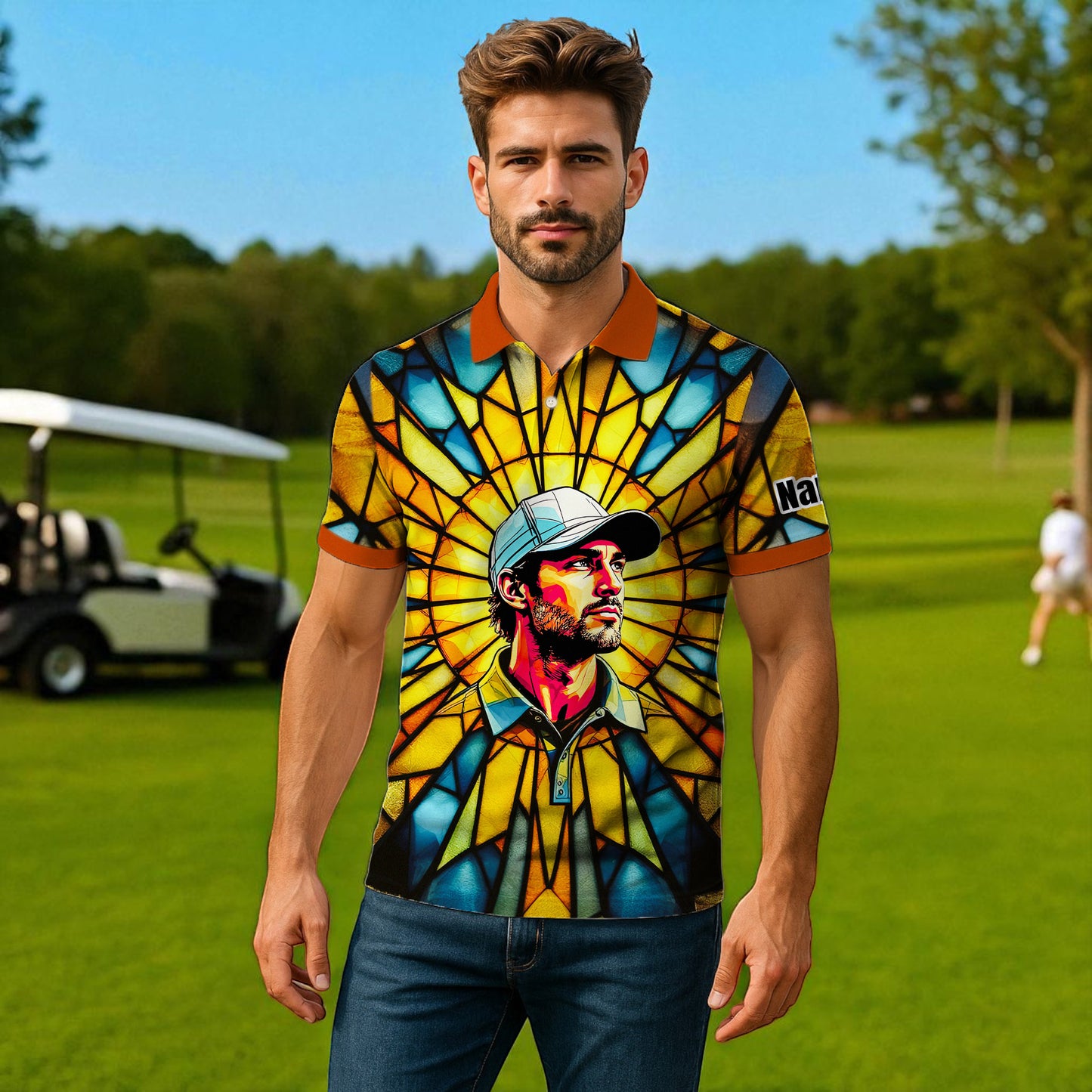 HomyGifts Men's Customized Face Artistic Golf Polo Shirt, Angular Geometric Glass Pattern, Stained-Glass Mosaic Print, Personalized Sublimation Golf Shirt, Vibrant Geometric Portrait Tee