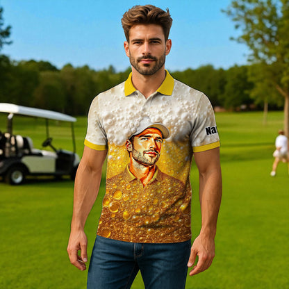 HomyGifts Men's Customized Face Artistic Golf Polo Shirt, Beer pattern Design, Special Gift for Beer & Golf Lovers, Summer Party Outfit, Unique Gift for Men Style 7