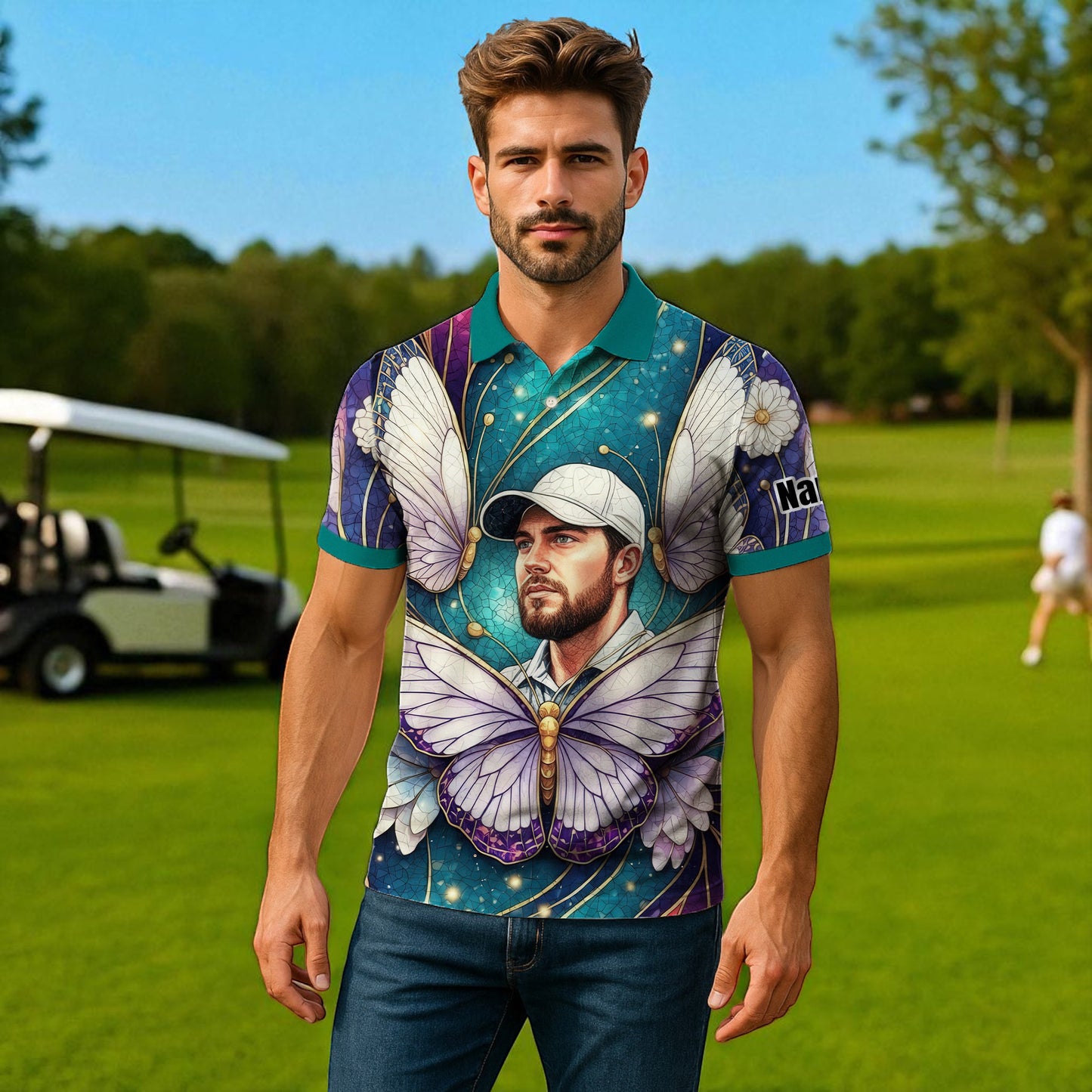 Custom Face Butterfly Golf Polo Shirt – Personalized Spring Mirage Art Style – Unique Gift for Him, Nature Inspired Men's Shirt Style 7