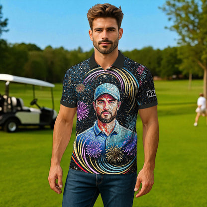 Custom Face Golf Polo Shirt – New Year Fireworks Edition | Personalized Golf Polo | Unique Holiday Gift for Him 2025 Style 8