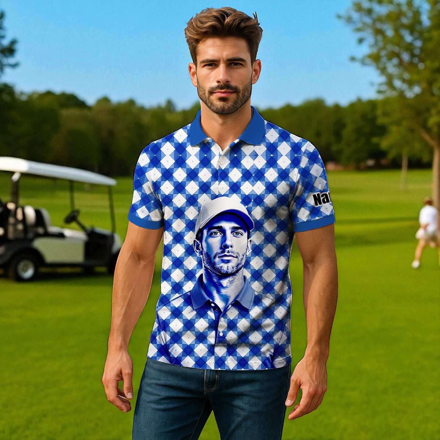 Custom Face Polo Shirt – Geometric Diamond Pattern | Personalized Photo Golf Polo | Unique Gift for Him, Retro Geometric Style Shirt Style 5
