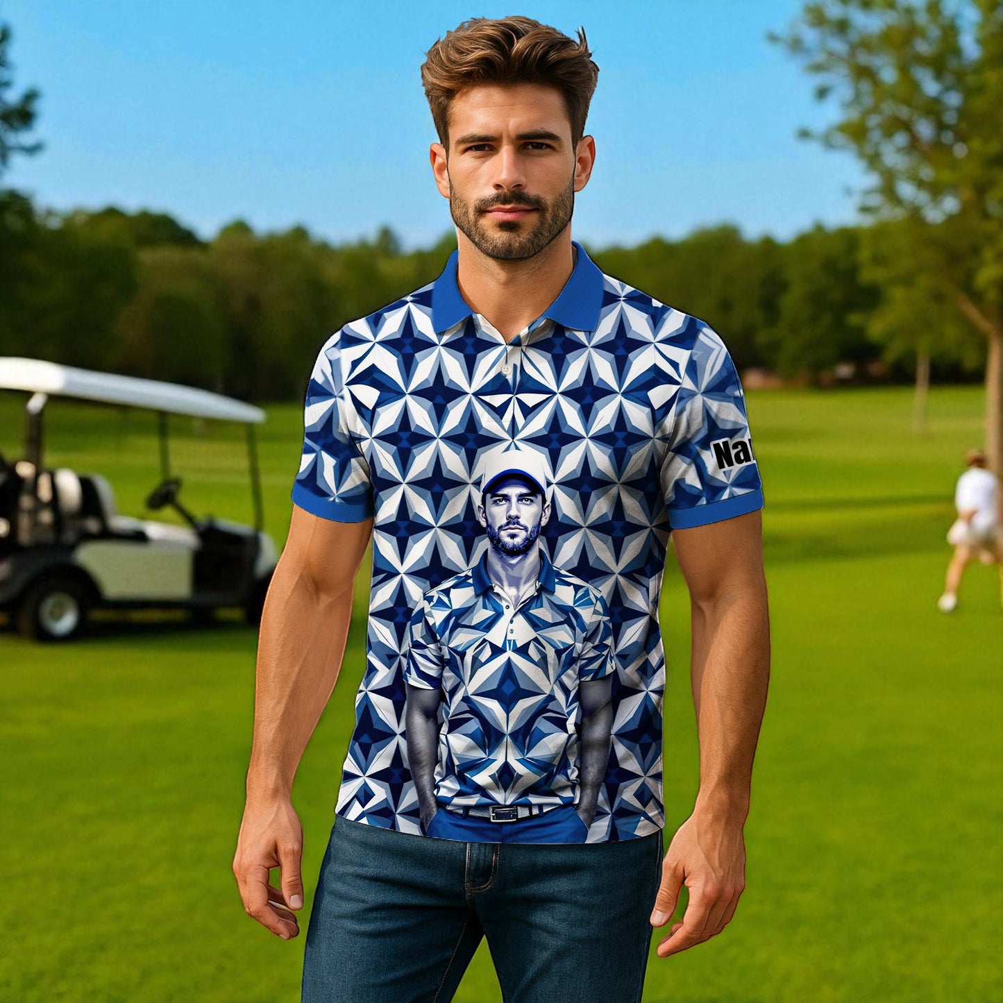 Custom Face Polo Shirt – Geometric Diamond Pattern | Personalized Photo Golf Polo | Unique Gift for Him, Retro Geometric Style Shirt Style 17
