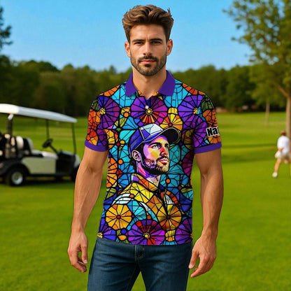 Custom Face Golf Polo Shirt – Personalized Stained Glass Art Shirt, Unique Golf Gift for Him, Colorful Abstract Golf Polo, Custom Sportswear