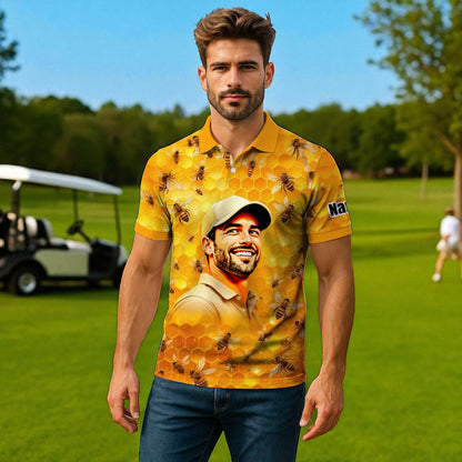 HomyGifts Men's Customized Face Artistic Golf Polo Shirt, Personalized Bee & Honeycomb Polo Shirt with Face, Funny Honey Lover Outfit, Summer Polo for Men Style 6