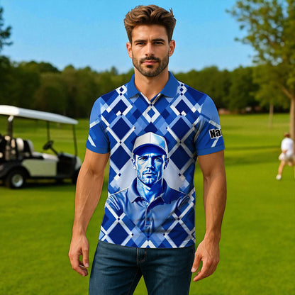 Custom Face Polo Shirt – Geometric Diamond Pattern | Personalized Photo Golf Polo | Unique Gift for Him, Retro Geometric Style Shirt Style 9