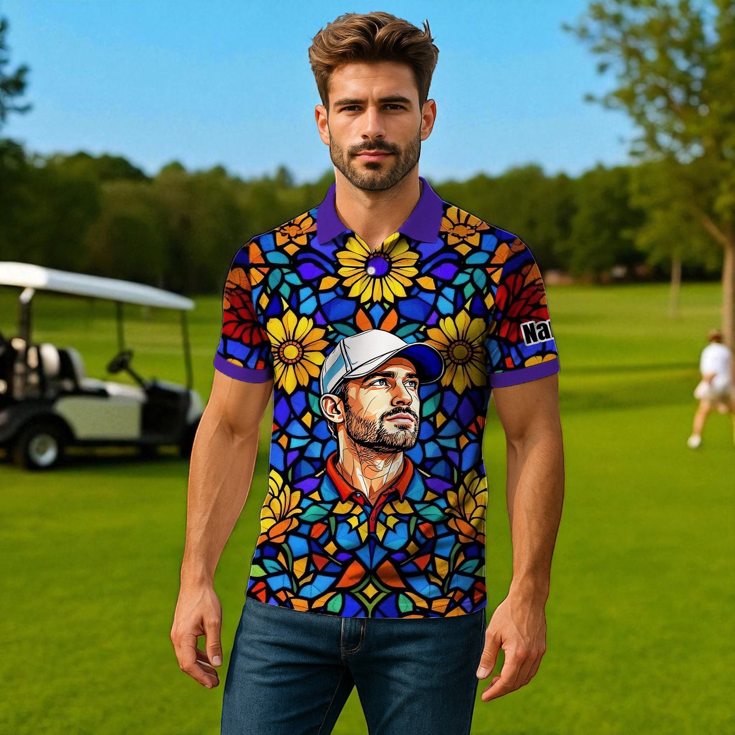 Custom Face Golf Polo Shirt – Personalized Stained Glass Art Shirt, Unique Golf Gift for Him, Colorful Abstract Golf Polo, Custom Sportswear