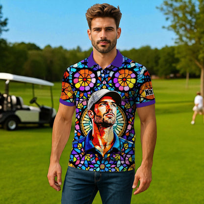Custom Face Golf Polo Shirt – Personalized Stained Glass Art Shirt, Unique Golf Gift for Him, Colorful Abstract Golf Polo, Custom Sportswear